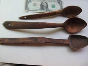 Lote de 3 cucharas de madera primitivas antiguas talladas a mano, country, americana - Imagen 1 de 11