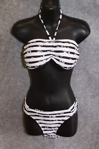 BIKINI SET BANDEAU GRÖSSE 40 - 42 SCHWARZ WEISS GESTREIFT MIT SCHAUMSTOFF KÖRBCH - Bild 1 von 3