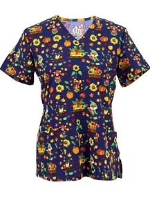 Scrubs M Fall Fun Blue Animals Pumpkins Thanksgiving Pockets Soft Sunflowers - Picture 1 of 14