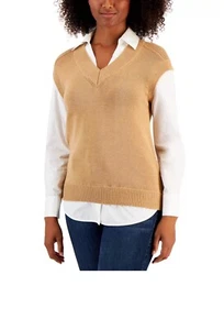 NEW! Charter Club Layered Top Pullover Camel Heather Vest W/ White Shirt Sz L - Picture 1 of 5