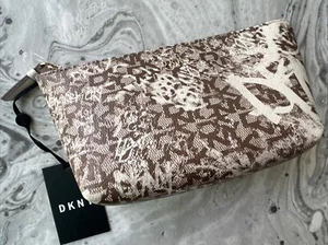 Cosmetic Pouch DKNY Women Travel Bag Zipper Top Graffiti Brown White Logo New - Picture 1 of 5
