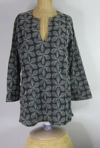Vintage Serene Womens Small Black White Leaf Embroidered Cotton Tunic Shirt USA - Picture 1 of 9