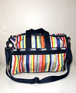 LESPORTSAC Bright Rainbow Striped Weekender Large Tote Duffle Bag Crossbody - Picture 1 of 13