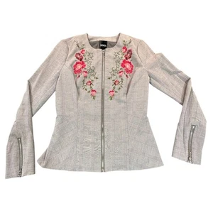XOXO Jacket Juniors Medium Grey Red Floral Embroidered Zipper Front Boho Preppy - Picture 1 of 10