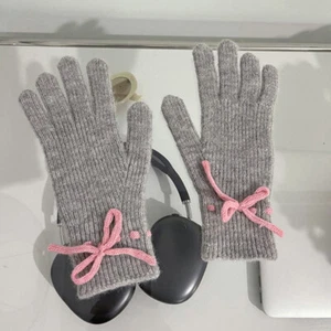 Winter Bow Knitted Gloves Thicken Warm Mittens Full Finger Touch Screen Gloves - Picture 1 of 27