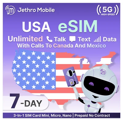 Jethro Mobile USA eSIM 7-Days Unlimited Talk, Text, & 7GB High-Speed Prepaid - Image 1 of 4