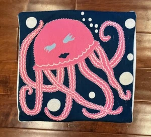 Pottery Barn Kids Embroidered Pink Octopus Pillow Cover Navy Blue 16" x 16" - Picture 1 of 4