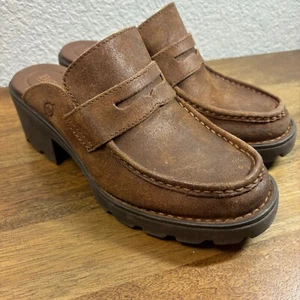 Born Brown Leather Mules Clogs Penny Loafer Style Heeled Shoes Size 6.5 - Picture 1 of 8