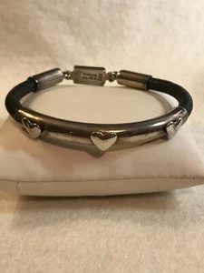 Vtg Sterling Silver TH-40 Mexico Artisan Made Black Leather Bracelet w/ Hearts - Picture 1 of 13