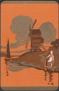 Spielkarten 1 Einzelkarte alt Vintage Art Deco * MÄDCHEN WINDMÜHLE + FLUSSBOOT A - Bild 1 von 3
