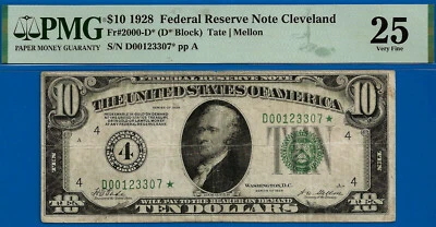 1928 $10 Federal Reserve Note PMG 25 PMG graded 13 Cleveland star Fr 2000-D* - Image 1 of 3