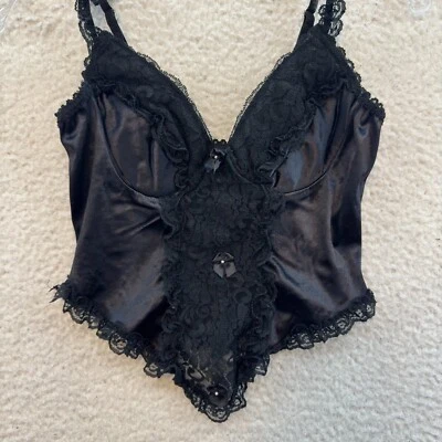 Top lencería camisola vintage años 90 negro satinado encaje coqueta gótico hada victoriana Foto 1 de 4