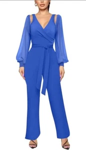 Casual Dress Blue Jumpsuit Mesh Sleeve V Neck Cold Shoulder Belted Wide Leg Sz.L - Picture 1 of 6