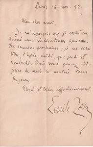 Emile Zola - Escritor - Carta a mano de 1892 - Original firmada - Imagen 1 de 2