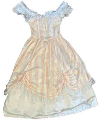 Vintage Gunne Sax Lace Off Shoulder Satin Pink W/White Stripes Prom Dress Tulle - Image 1 of 4