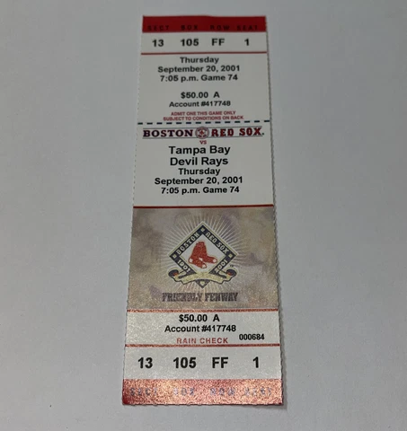 Boston Red Sox Vs Tampa Bay Rays Game Day ticket Stub. 9/20/2001 Cover
