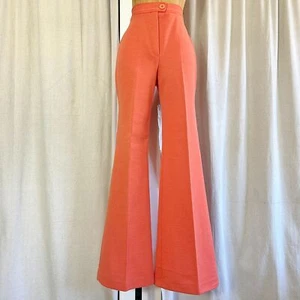 Vintage 70s Peachy Coral Knit High Waist Extra Wide Bell Bottom Flare Pants - Picture 1 of 5