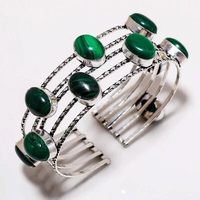 Bracciale regolabile in argento 925 con pietra preziosa malachite verde - Immagine 1 di 2