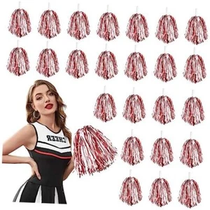24 Pcs Metallic Cheerleading Pom Poms for Kids, Cheerleaders Red and White - Picture 1 of 8