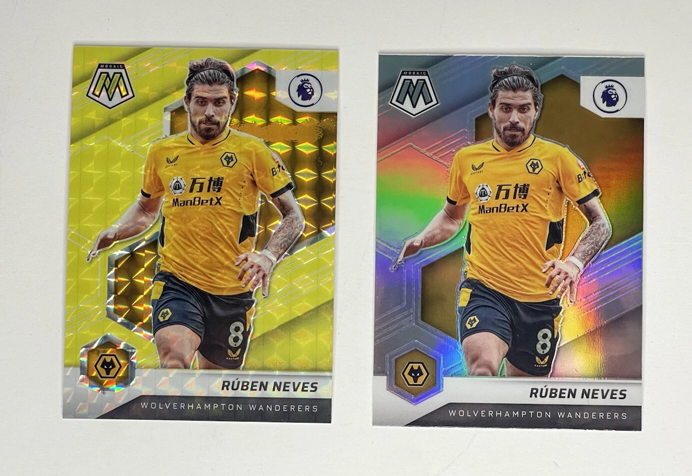 2X 2021-22 PANINI MOSAIC EPL RUBEN NEVES GOLD FLUORESCENT PRIZM 01/10 #58 SILVER
