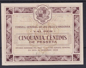 BILLETE ANDORRA - 50 CENTIMOS 1936 - CONSEJO GENERAL ANDORRA - SIN CIRCULAR - Imagen 1 de 2