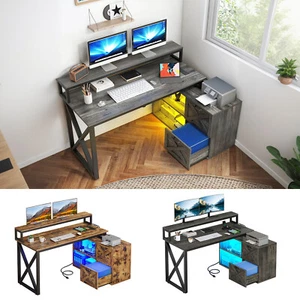55" L Shaped Desk with Power Outlets & LED Light Corner Office Desk Gaming Table - Picture 1 of 17