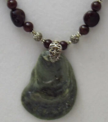 Nancy's OBX Necklace Grey Oyster Shell  Natural River Garnets Tibetan Silver - Image 1 of 4