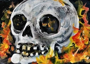 ORIGINAL ACEO Halloween ARTE CALAVERA en llamas esqueleto huesos fantasma tumba otoño ATC - Imagen 1 de 1