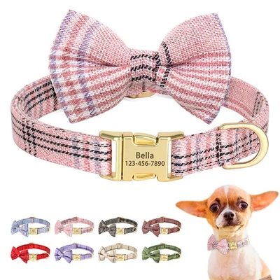 Bow Tie Personalized Dog Collar Cute Plaid Pattern with Custom Engraved Name - Image 1 of 4