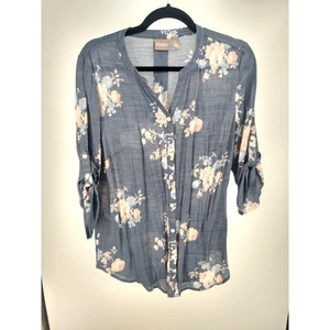Chico's Bluse Oberteil 1 M Blumenmuster Knopfleiste Riegelärmel Boho blau pfirsich - Bild 1 von 9