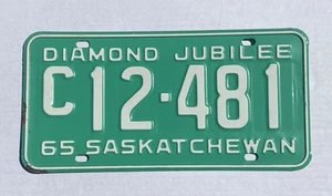 Single 1965 SASKATCHEWAN CANADA License Plate #C12-481 DIAMOND JUBILEE - Picture 1 of 2