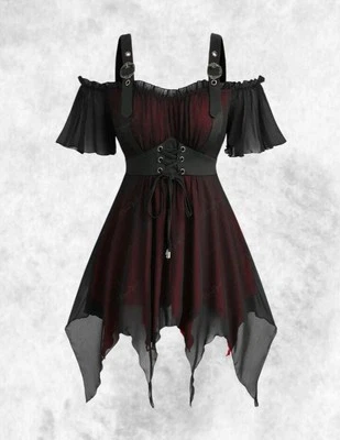 New Black & Red Gothic Mesh Corset Front Buckle Strap Blouse size 3XL 22 24 26 - Image 1 of 4