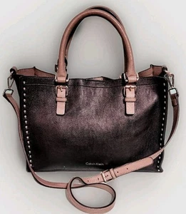 Calvin Klein 3 In 1 Double Handle Satchel Black Studded CrossBody Bag Excellent - Picture 1 of 9