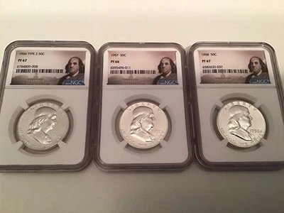 1956 1957 1958 Franklin Half Dollars 90% Silver Lot of 3 NGC PROOF   - Image 1 of 4
