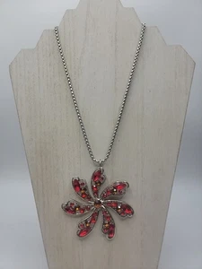 Collana Tono Argento Catena Rosso Marrone Strass Fiore Dichiarazione 16-18" - Foto 1 di 3