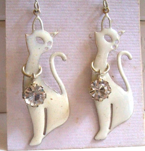 Vintage Cat Kitten  Earrings Silver tone Clear Crystal Jewel Dangle Drop 2" Long - Picture 1 of 3