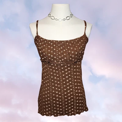 Винтажный 90-х Y2k коричневый спагетти ремень цветочный цветок галстук талии Ditsy Майка Sz L - Изображение 1 из 4