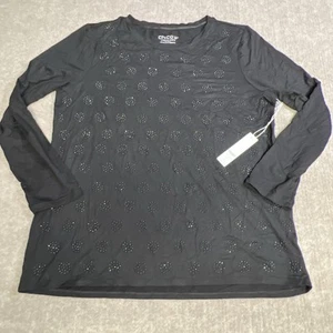 Chico’s Touch of Cool Top NWT Size 2 US L Black Bling Long Sleeve Tunic Tee - Picture 1 of 8