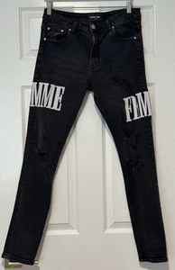 Men’s Homme + Femme Letterman Distressed Slim Fit Denim Jeans 32 x 30 Black - Picture 1 of 13