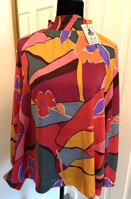 New Easel Art Bold Color abstract design Woman’s Blouse sz Medium High neck Boho - Image 1 of 4