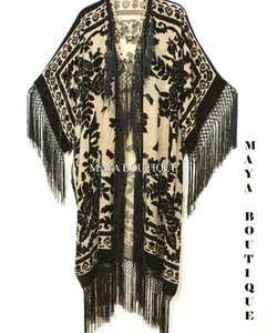 Fransen Jacke Kimono Staubtuch Seide Ausbrenner Samt taupe schwarz Maya Matazaro Plus - Bild 1 von 1