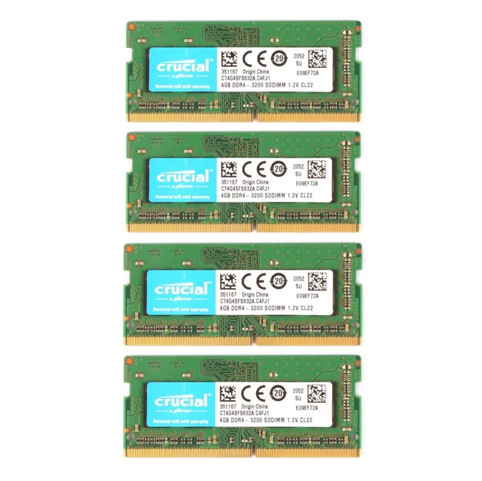 Crucial 16GB 4X4GB DDR4 3200MHz PC4-25600 Laptop SODIMM Memory Ram CT4G4SFS632A - Image 1 of 4