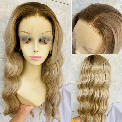 Longo Ondulado Ombre Cinza Loiro Renda Frente Cabelo Humano Mistura Calor OK Perucas Femininas Natura - Imagem 1 de 4