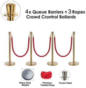 4x Queue Barriers + 3 Ropes Crowd Control Bollards(Golden POLE+RED ROPE) - Picture 1 of 9
