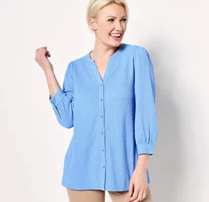 Isaac Mizrahi Live! Textured Knit Y-Neck Button Down Top Blue XS A50\351 - Bild 1 von 5