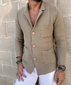 CARDIGAN UOMO 100% COTONE GIACCA LINKS DOPPIO PETTO SARTORIALE MADE IN ITALY - Picture 1 of 9