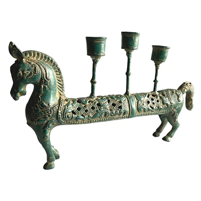 Candelabro Caballo Tribal Estatua Candelabro Verdigris Bronce Arte Indonesio Foto 1 de 4