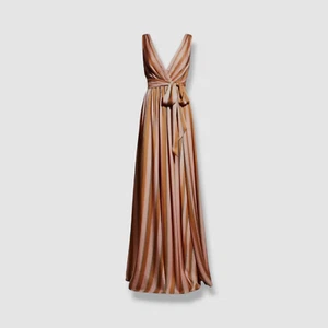 $950 Badgley Mischka Women's Pink Striped V-Neck Sleeveless Gown Dress Size 10 - Picture 1 of 4