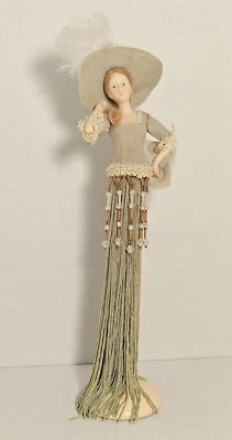 VTG 2000's Sage Green Tassel Doll Porcelain Torso on a Stand with Hanging Beads - Image 1 of 4