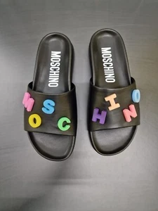 MOSCHINO Black Leather Slides Sandals with Lettering Logo - UK 7 / EU 40 - £420 - Picture 1 of 14